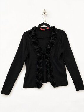 RED Brand Black Cardigan Sweater with Rosette Trim  Size Large